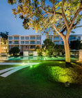 48W Wall Washer LED Lights With Remote illuminating tree and lawn, showcasing RGB colors and 5000K daylight for landscape accents