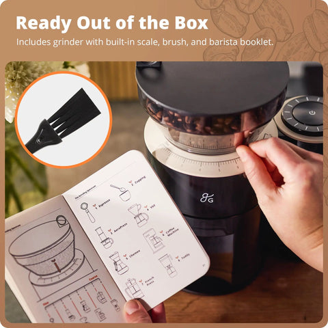 Legit Precision Coffee Grinder with Built in Dosing Scale and Conical Burr System Delivers Straight Up Accurate Results across Eight Grind Steps Perfect for Espresso Pour Over French Press Cold Brew, Matte Black showing scale, brush, and user guide.