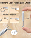 Quad prong body piercing ball grabber tool held in hand with multiple application images, 6.2cm size, surgical steel.