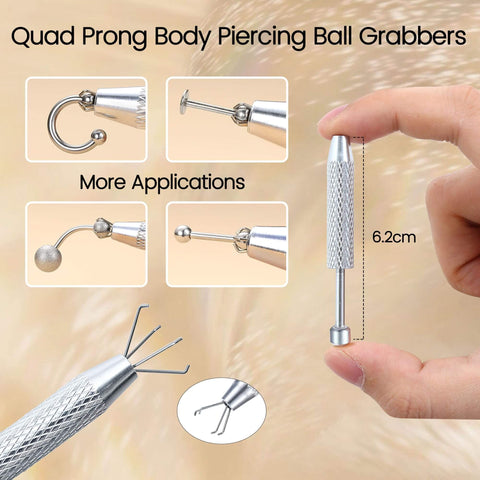 Quad prong body piercing ball grabber tool held in hand with multiple application images, 6.2cm size, surgical steel.