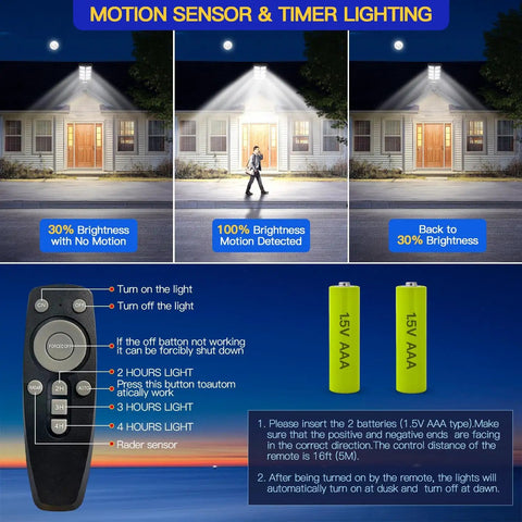 Diagram showing motion sensor lighting features of Beefy 800W Solar Street Light with remote control and batteries.