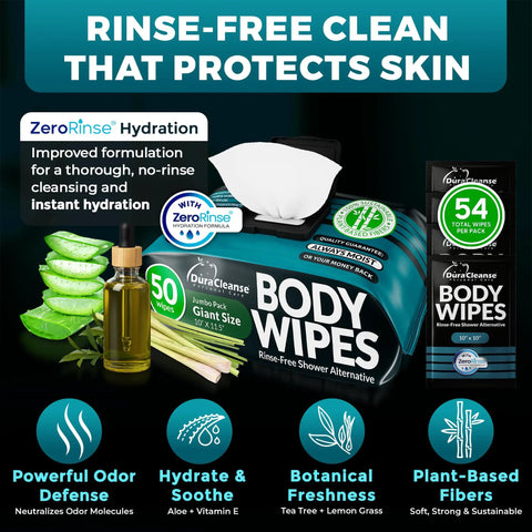 Body Wipes For Men After Gym No Rinse Shower Sheets Full Body Cleanse 50 XL Wipes Plus 4 Travel Sachets packaging with aloe and lemongrass