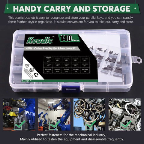 Front view: Keadic 140-piece carbon steel parallel key set in clear plastic case; includes 8,10,12,16,20,25,30mm keys.