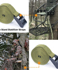 Tree Stand Stabilizer Straps For Hunting, Heavy Duty 1 Inch Wide By 6.5 Feet Buckle Straps With Loop End, durable nylon webbing shown securing a tree stand and hunter gear.