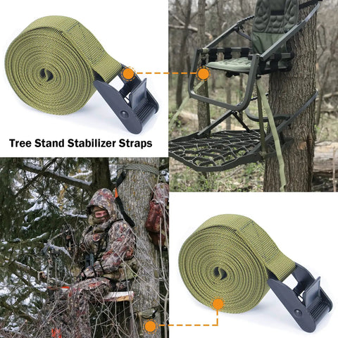 Tree Stand Stabilizer Straps For Hunting, Heavy Duty 1 Inch Wide By 6.5 Feet Buckle Straps With Loop End, durable nylon webbing shown securing a tree stand and hunter gear.