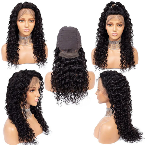 180 Density HD Lace Front Wig 13x4 Glueless Brazilian Virgin Remy Human Hair Deep Wave Frontal With Pre Plucked Baby Hair Natural Black