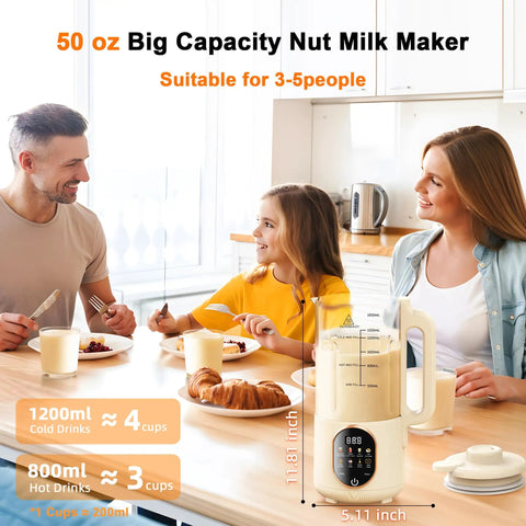 Family enjoying breakfast with 50 Oz Nut Milk Maker With 10 In 1 Functions And 20 Blades For Almond Cashew Coconut Oat Milk