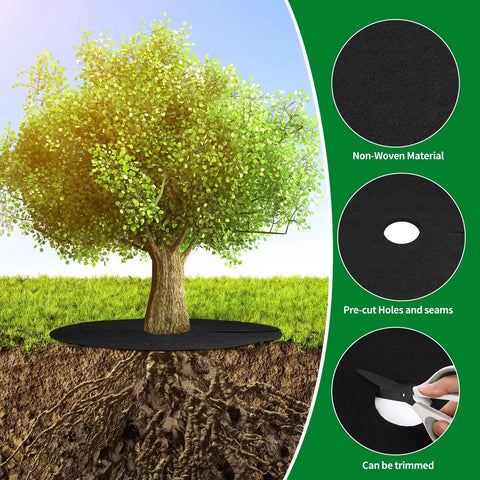 8 Pack 32.2 Inch Non Woven Tree Mulch Ring Thickened Tree Mat Protector under a tree showcasing root protection and trimming feature