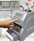 Digital Coin Sorter And Counter Machine With Automatic Currency Separator And Clear Display Tracks Total Value And Count Sorted Up To Two Hundred Coins Per Minute, showing digital display and sorted coins.