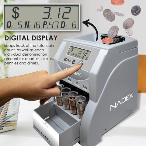 Digital Coin Sorter And Counter Machine With Automatic Currency Separator And Clear Display Tracks Total Value And Count Sorted Up To Two Hundred Coins Per Minute, showing digital display and sorted coins.