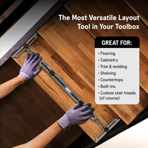 Carpenter using Stair Gauge And Layout Tool Pro Grade for accurate angles of stair treads with CNC aluminum build and removable pins