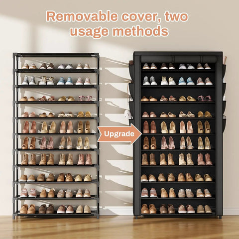 Tall 10 Tier Shoe Rack With Dustproof Cover Free Standing Storage For 50 To 55 Pairs Of Shoes And Boots Huge Capacity Space Saver Closet Entryway Garage Organizer 8 Pockets shown with cover options