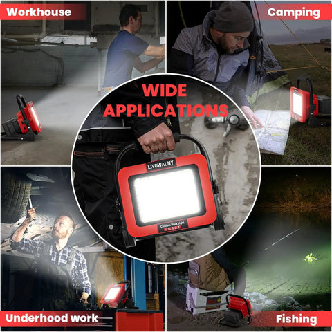 Ridiculously Bright 100W 10000LM Cordless Work Light For Milwaukee 18V Tools with 48 LED beads, used in various settings