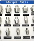 Front view: 15-piece set of 304 stainless steel NPT male-to-male pipe nipples in assorted sizes.