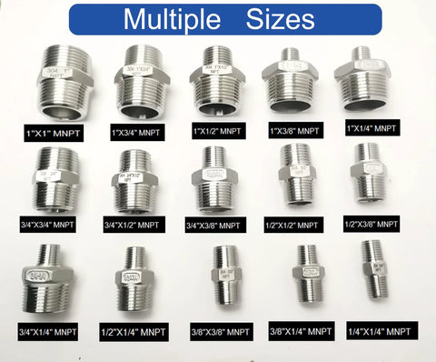Front view: 15-piece set of 304 stainless steel NPT male-to-male pipe nipples in assorted sizes.