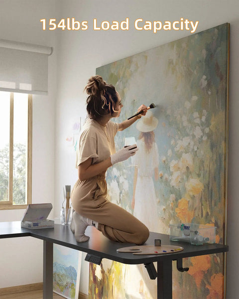 Boss Level Electric L Shaped Standing Desk Adjustable Height 63 X 55 Inches with artist painting, 154lbs capacity in home office.