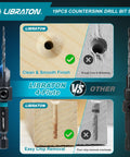 Libraton 19-piece countersink drill bit set vs. standard bit, showing clean finish and easy chip removal in wood.