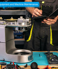 Technician maintaining machinery on workbench with tools and equipment for machine servicing