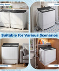 Compact Twin Tub Portable Washing Machine Featuring High Speed Drain Pump Quick Spin Dryer Combo Built For Apartments And RV Trips Brings No Sweat Cleaning To Any Space While Delivering Spotless Loads In Gray in various settings including laundry room, dorm, apartments, and RV.
