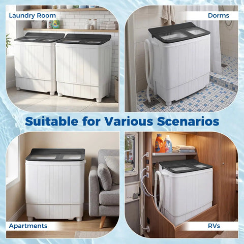 Compact Twin Tub Portable Washing Machine Featuring High Speed Drain Pump Quick Spin Dryer Combo Built For Apartments And RV Trips Brings No Sweat Cleaning To Any Space While Delivering Spotless Loads In Gray in various settings including laundry room, dorm, apartments, and RV.