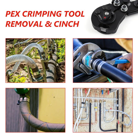 Cinch and Remove Dual Function PEX Crimp Tool with Ratchet PEX Pipe Crimper for Crimping and Clamping PEX Tubing in use