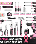 Knockout 20V Cordless Pink Drill Set For Women Rock Solid Power Tool Kit With Rugged Carrying Bag Quick Charge Battery, 157 piece tool assortment.