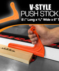 Five Piece Woodworking Push Block And Push Stick Set In Safety Orange for Table Saws V-style stick in use