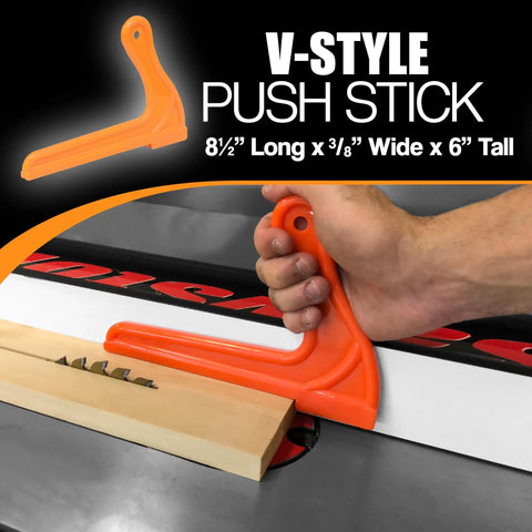 Five Piece Woodworking Push Block And Push Stick Set In Safety Orange for Table Saws V-style stick in use