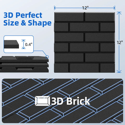 12 Pack High Density Acoustic Panels 12 Inch By 12 Inch With Self Adhesive Backing For Walls Ideal For Home Studio Office Decor Kicks Echo And Noise To The Curb And Keeps The Room Quiet Black, 3D brick design, size specifications.