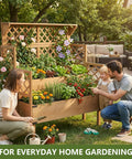 Two Tier Raised Garden Bed With Trellis And Lattice Back For Climbing Plants Wooden Outdoor Planter For Vegetables Herbs And Flowers Modern Minimal Design For Patio Balcony Or Backyard.