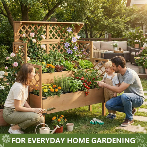Two Tier Raised Garden Bed With Trellis And Lattice Back For Climbing Plants Wooden Outdoor Planter For Vegetables Herbs And Flowers Modern Minimal Design For Patio Balcony Or Backyard.