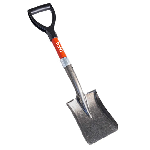 Compact Mini D Handle Square Head Shovel With Soft Grip, durable steel head, black grip, red label, ideal for yard chores