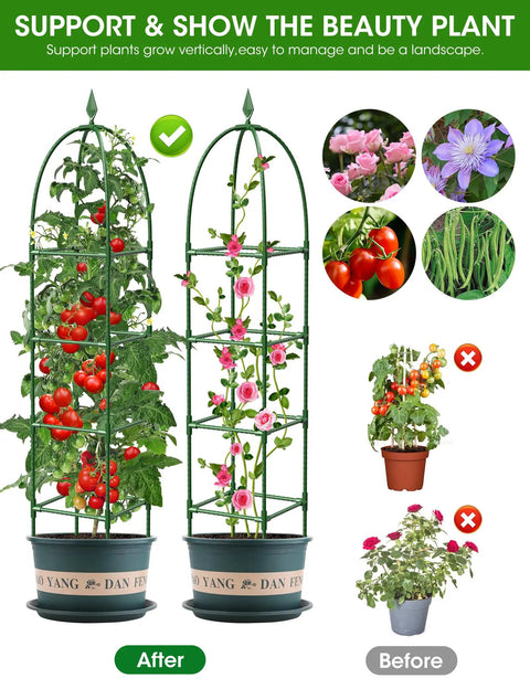 Outdoor Climbing Plant Trellis Obelisk 6Ft Garden Support Tower Tough As Nails Rustproof PE Coated Metal Thickened Tube For Clematis Vine And Potted Plants Adjustable Heights 36 52 70 Inches Indoor Or Outdoor displaying potted plants with improved vertical growth.