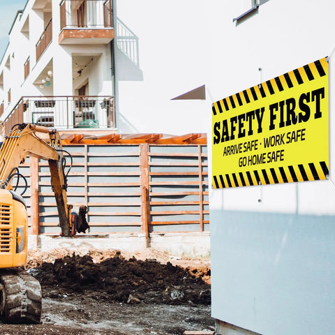 Safety First Banner Sign 2x4 Feet Polyester Fabric With Metal Grommets for workplace use on building exterior