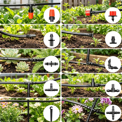 246 Piece 1 Quarter Inch Drip Irrigation Fittings Kit with barbed parts in garden setup showing connections among plants.