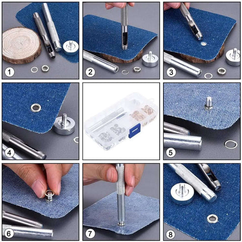 Step-by-step use of Half Inch Grommet Tool Kit With 100 Grommet Eyelets And Punch Silver Metal Grommets for DIY projects on fabric