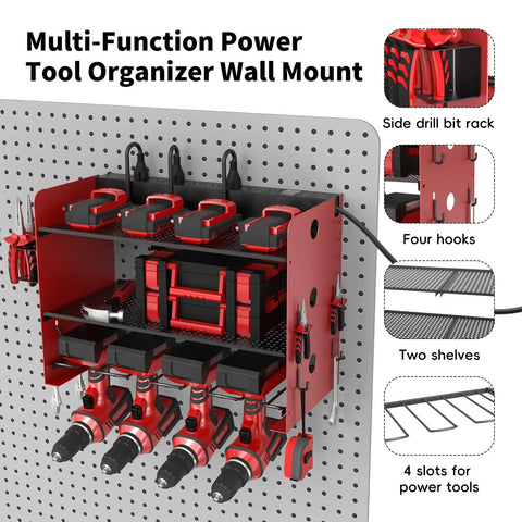 Power Tool Organizer Wall Mount With Charging Station For Garage And Workshop, 3 Layer Storage Rack, 4 Drill Storage Shelves With Hooks