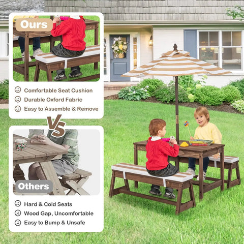 Outdoor Kids Picnic Table Set With Cushioned Benches And Umbrella in use by children, featuring comparisons with other tables.