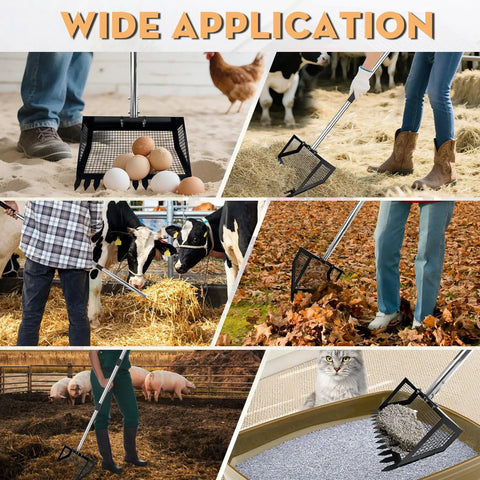 Heavy Duty Chicken Poop Scooper And Rake 2 In 1 With A 10 Inch Wide Scoop And Adjustable Stainless Steel Handle From 22 To 62 Inches used for various farm tasks, including cleaning coops, barns, and yards.