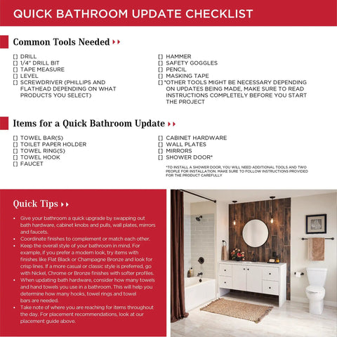 Quick bathroom update checklist with items, tools needed, and a styled bathroom featuring modern hardware and decor.