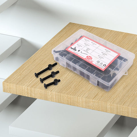 Crib Screws Replacement Set Delta Hex Socket Cap Bolts Barrel Nuts Baby Bed Hardware Replacement Kit in box on wooden surface