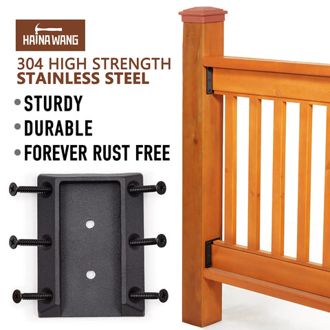 Heavy Duty Stainless Steel Railing Connectors With Screws 304 Grade Horizontal Brackets For 2x4 Wood Handrails (Actual 1.5x3.5) Pressure Treated 12 Piece Set displayed with wooden railing and metal bracket.
