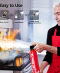 Person using Two Pack Fire Extinguisher Kit ABCK Spray For Home Kitchen Car Grill With Mounting Brackets to put out stove fire