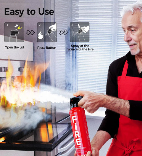 Man using Two Pack Fire Extinguishers For Home Kitchen Car And Grill With Mounting Brackets Easy Press Aim Spray 8 In 1 Fire Safety