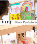 Hella Versatile 200 Pcs Push Pins And Heavy Duty Thumb Tacks For Bulletin Board Cork Wall Organizers featuring black pushpins on a cork board.