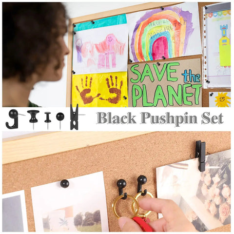 Hella Versatile 200 Pcs Push Pins And Heavy Duty Thumb Tacks For Bulletin Board Cork Wall Organizers featuring black pushpins on a cork board.