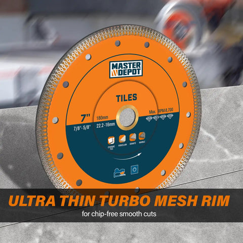 7 Inch Ultra Thin Turbo Mesh Diamond Blade With Top Notch Cutting Power For Porcelain Ceramic Marble Granite 2 Pack For Handheld Saws And Angle Grinders Dry Or Wet Use With Seven Eighths To Five Eighths Arbor, displayed on surface