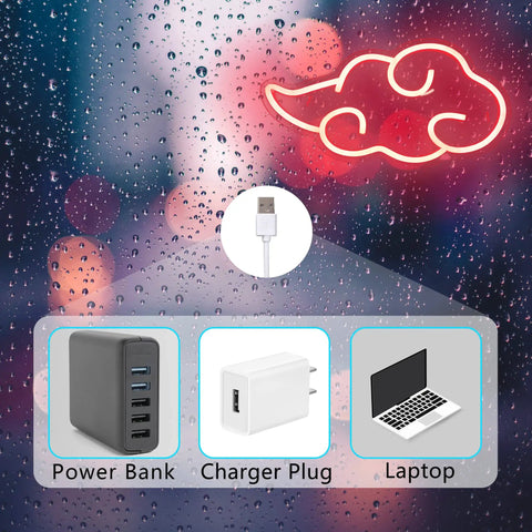 Anime Neon Sign Cloud LED Wall Light With Dimmable USB Power showcasing compatibility with USB power bank, plug, and laptop