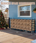 Heavy Duty 8Ft Outdoor Firewood Rack for Backyard Storage on patio with logs, steel frame, dimensions labeled