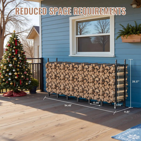 Heavy Duty 8Ft Outdoor Firewood Rack for Backyard Storage on patio with logs, steel frame, dimensions labeled
